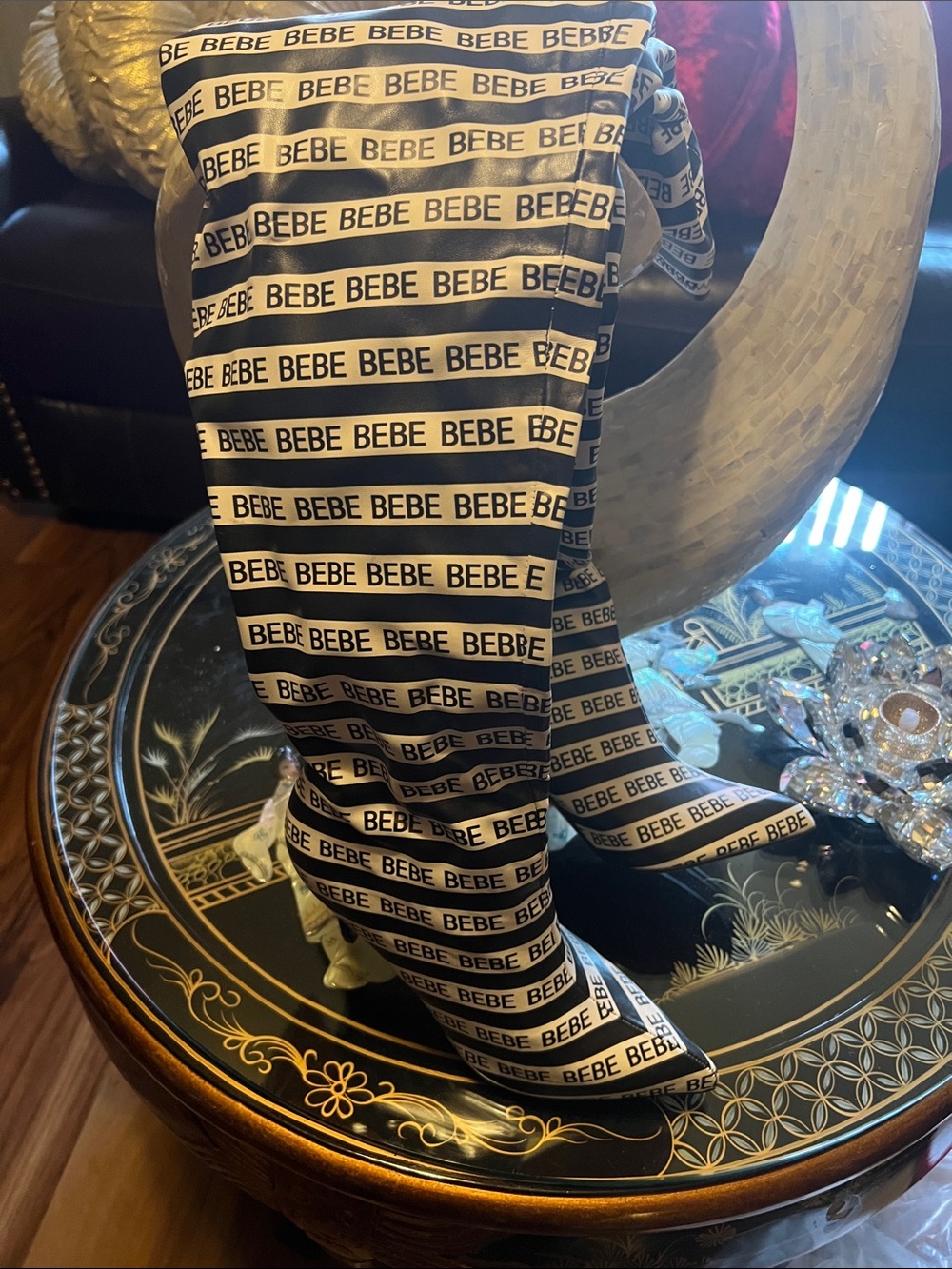 bebe Black & White Logo Knee-High Boots